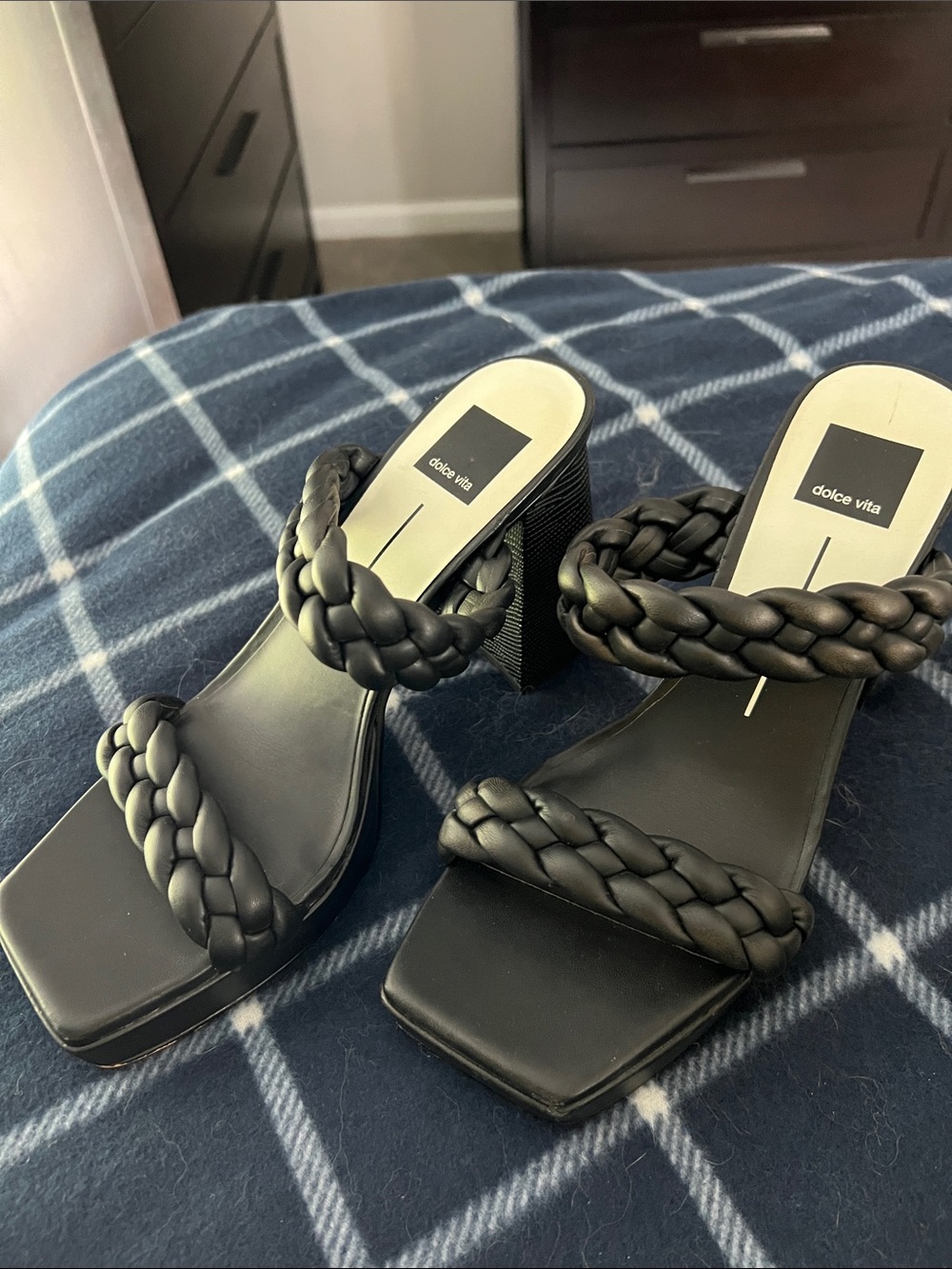 Dolce Vita Black Braided Double-Strap Block Heel Mules